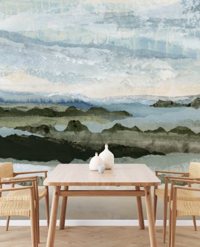 blue and green custom abstract landscape mural called Among the Hedges II by Lara Eckerman blue and green custom abstract landscape mural called Among the Hedges II by Lara Eckerman