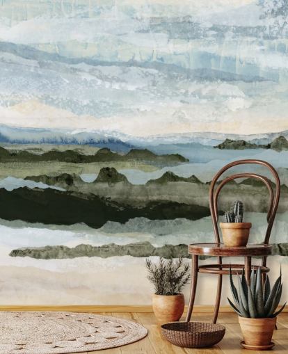 murale con paesaggio astratto personalizzato blu e verde chiamato Among the Hedges II di Lara Eckerman