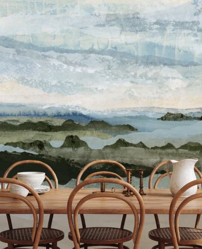 blue and green custom abstract landscape mural called Among the Hedges II by Lara Eckerman