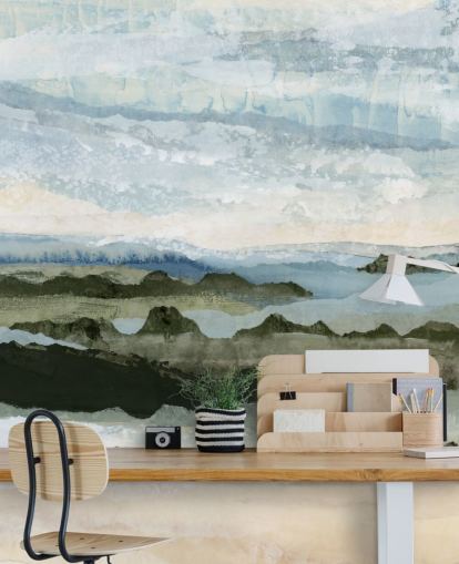 blue and green custom abstract landscape mural called Among the Hedges II by Lara Eckerman