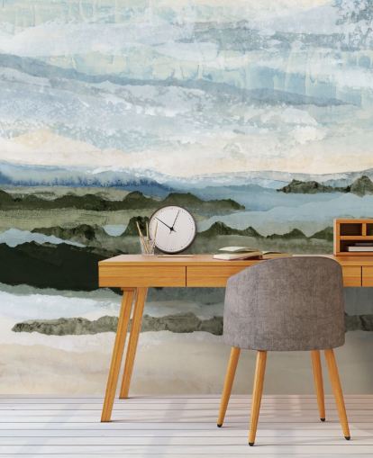 blåt og grønt brugerdefineret abstrakt landskabsmaleri kaldet Among the Hedges II af Lara Eckerman