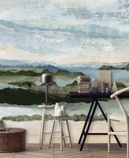 murale con paesaggio astratto personalizzato blu e verde chiamato Among the Hedges II di Lara Eckerman