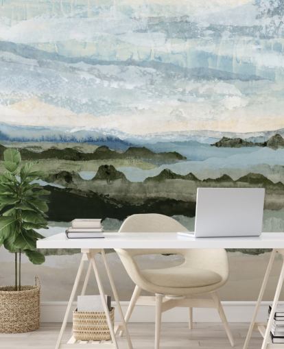 blue and green custom abstract landscape mural called Among the Hedges II by Lara Eckerman