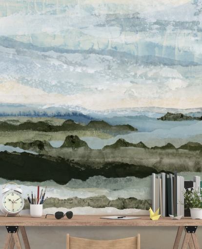 blaues und grünes kundenspezifisches abstraktes Landschaftsgemälde namens Among the Hedges II von Lara Eckerman