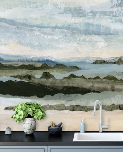 blått og grønt tilpasset abstrakt landskapsmaleri kalt Among the Hedges II av Lara Eckerman