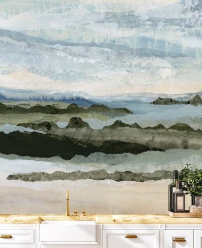 blue and green custom abstract landscape mural called Among the Hedges II by Lara Eckerman