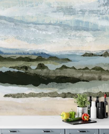 blått og grønt tilpasset abstrakt landskapsmaleri kalt Among the Hedges II av Lara Eckerman