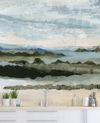 blue and green custom abstract landscape mural called Among the Hedges II by Lara Eckerman