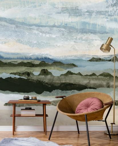 blue and green custom abstract landscape mural called Among the Hedges II by Lara Eckerman blue and green custom abstract landscape mural called Among the Hedges II by Lara Eckerman