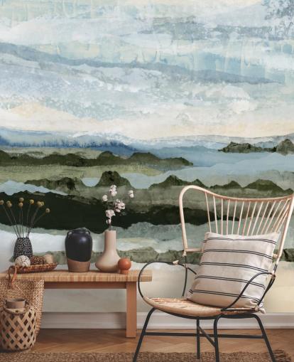 blue and green custom abstract landscape mural called Among the Hedges II by Lara Eckerman blue and green custom abstract landscape mural called Among the Hedges II by Lara Eckerman