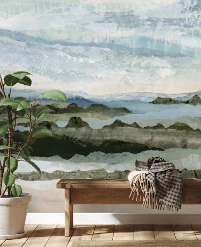 murale con paesaggio astratto personalizzato blu e verde chiamato Among the Hedges II di Lara Eckerman