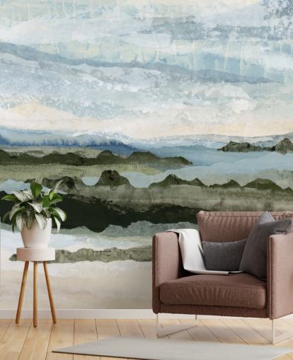 murale con paesaggio astratto personalizzato blu e verde chiamato Among the Hedges II di Lara Eckerman murale con paesaggio astratto personalizzato blu e verde chiamato Among the Hedges II di Lara Eckerman