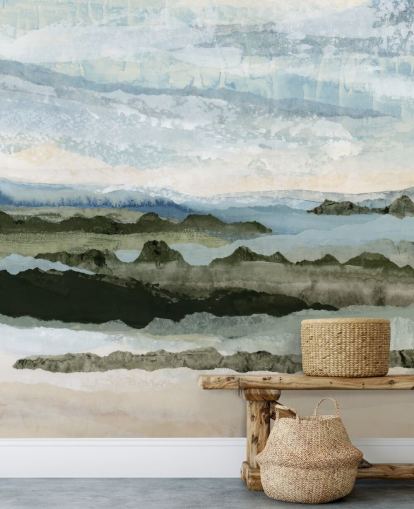 blue and green custom abstract landscape mural called Among the Hedges II by Lara Eckerman blue and green custom abstract landscape mural called Among the Hedges II by Lara Eckerman