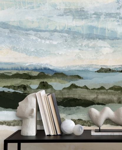 murale con paesaggio astratto personalizzato blu e verde chiamato Among the Hedges II di Lara Eckerman murale con paesaggio astratto personalizzato blu e verde chiamato Among the Hedges II di Lara Eckerman