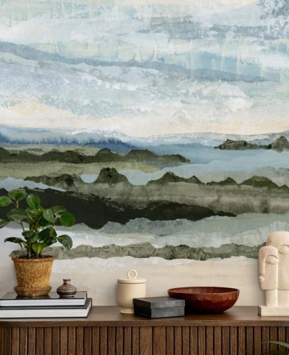 blue and green custom abstract landscape mural called Among the Hedges II by Lara Eckerman