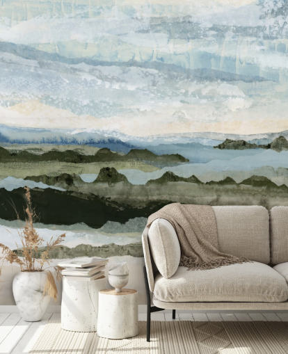 murale con paesaggio astratto personalizzato blu e verde chiamato Among the Hedges II di Lara Eckerman murale con paesaggio astratto personalizzato blu e verde chiamato Among the Hedges II di Lara Eckerman