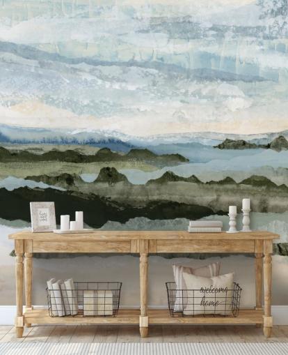 sininen ja vihreä mukautettu abstrakti maisemamaalaus nimeltä Among the Hedges II, kirjoittanut Lara Eckerman sininen ja vihreä mukautettu abstrakti maisemamaalaus nimeltä Among the Hedges II, kirjoittanut Lara Eckerman