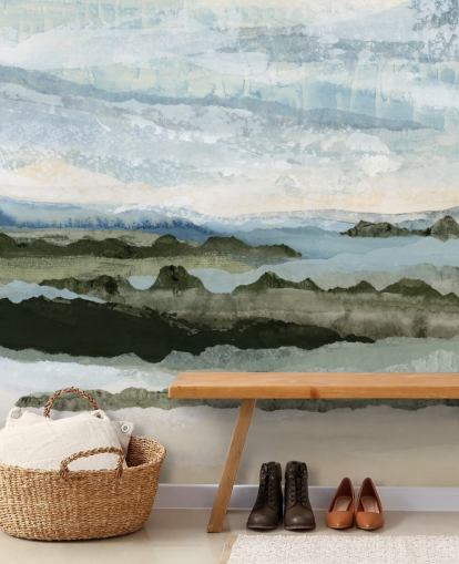 blue and green custom abstract landscape mural called Among the Hedges II by Lara Eckerman blue and green custom abstract landscape mural called Among the Hedges II by Lara Eckerman