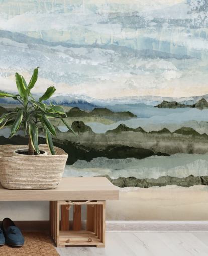 blue and green custom abstract landscape mural called Among the Hedges II by Lara Eckerman blue and green custom abstract landscape mural called Among the Hedges II by Lara Eckerman