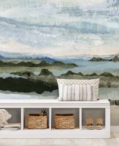 blue and green custom abstract landscape mural called Among the Hedges II by Lara Eckerman