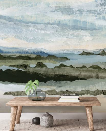 blått og grønt tilpasset abstrakt landskapsmaleri kalt Among the Hedges II av Lara Eckerman