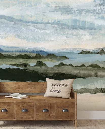 blue and green custom abstract landscape mural called Among the Hedges II by Lara Eckerman