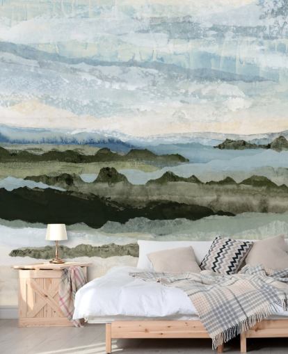 blue and green custom abstract landscape mural called Among the Hedges II by Lara Eckerman