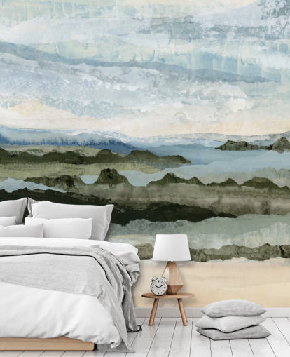 blue and green custom abstract landscape mural called Among the Hedges II by Lara Eckerman