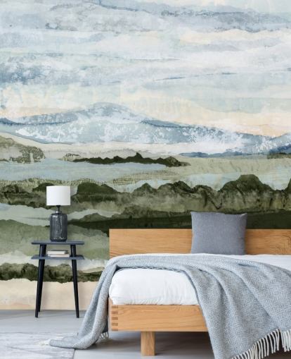 blauwe en groene abstracte muurschildering op maat genaamd Among the Hedges van Lara Eckerman voor eetkamers en woonkamers blauwe en groene abstracte muurschildering op maat genaamd Among the Hedges van Lara Eckerman voor eetkamers en woonkamers