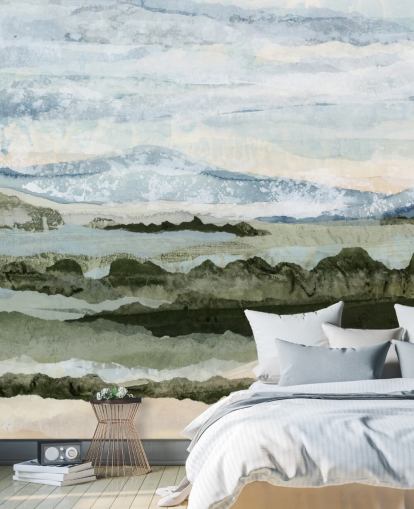 blauwe en groene abstracte muurschildering op maat genaamd Among the Hedges van Lara Eckerman voor eetkamers en woonkamers blauwe en groene abstracte muurschildering op maat genaamd Among the Hedges van Lara Eckerman voor eetkamers en woonkamers