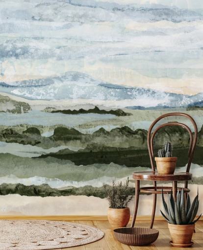 blåt og grønt brugerdefineret abstrakt vægmaleri kaldet Among the Hedges af Lara Eckerman til spisestuer og stuer