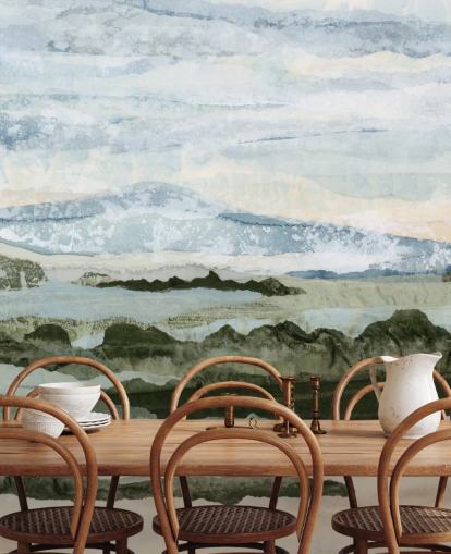 murale astratto personalizzato blu e verde chiamato Among the Hedges di Lara Eckerman per sale da pranzo e salotti murale astratto personalizzato blu e verde chiamato Among the Hedges di Lara Eckerman per sale da pranzo e salotti