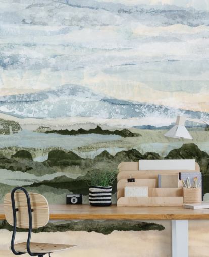 murale astratto personalizzato blu e verde chiamato Among the Hedges di Lara Eckerman per sale da pranzo e salotti murale astratto personalizzato blu e verde chiamato Among the Hedges di Lara Eckerman per sale da pranzo e salotti