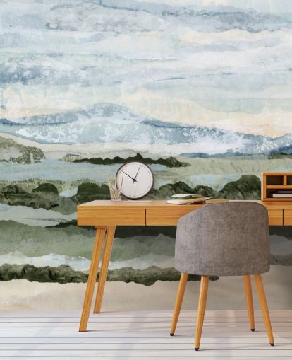 blaues und grünes individuelles abstraktes Wandbild namens Among the Hedges von Lara Eckerman für Esszimmer und Wohnzimmer