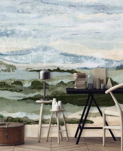 blue and green custom abstract mural called Among the Hedges by Lara Eckerman for dining rooms and living rooms