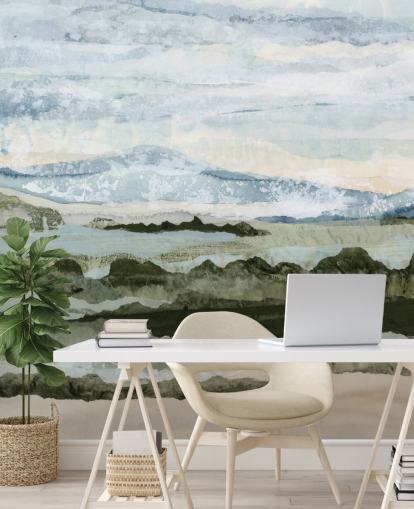 blue and green custom abstract mural called Among the Hedges by Lara Eckerman for dining rooms and living rooms