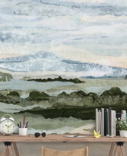 murale astratto personalizzato blu e verde chiamato Among the Hedges di Lara Eckerman per sale da pranzo e salotti