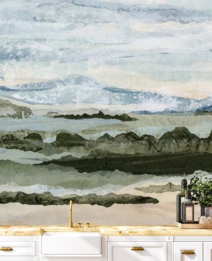 blue and green custom abstract mural called Among the Hedges by Lara Eckerman for dining rooms and living rooms