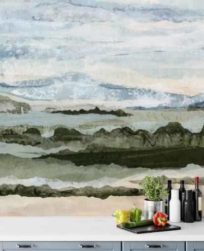 peinture murale abstraite personnalisée bleue et verte appelée Among the Hedges par Lara Eckerman pour les salles à manger et les salons