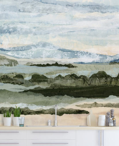 blue and green custom abstract mural called Among the Hedges by Lara Eckerman for dining rooms and living rooms