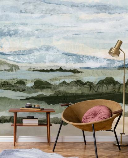 blaues und grünes individuelles abstraktes Wandbild namens Among the Hedges von Lara Eckerman für Esszimmer und Wohnzimmer blaues und grünes individuelles abstraktes Wandbild namens Among the Hedges von Lara Eckerman für Esszimmer und Wohnzimmer