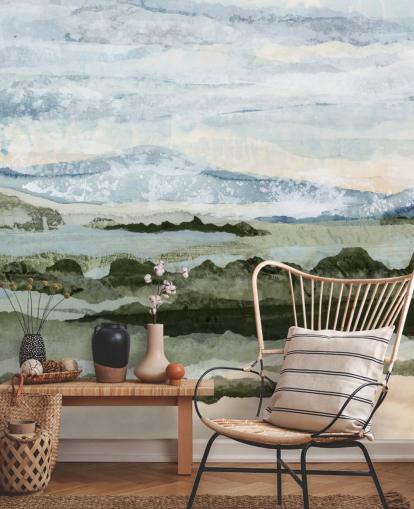 murale astratto personalizzato blu e verde chiamato Among the Hedges di Lara Eckerman per sale da pranzo e salotti