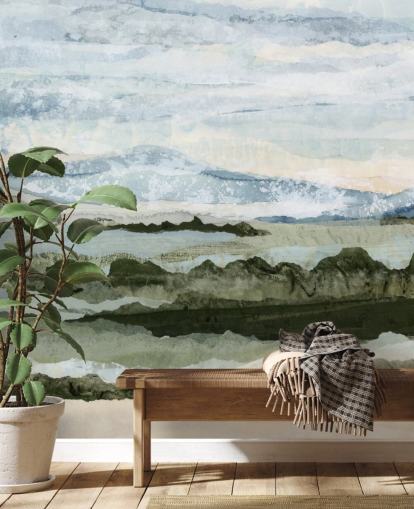 murale astratto personalizzato blu e verde chiamato Among the Hedges di Lara Eckerman per sale da pranzo e salotti