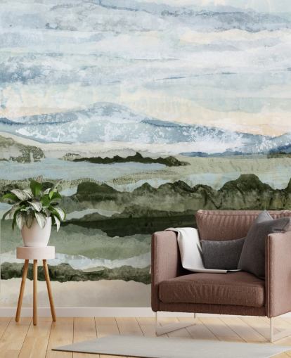 blue and green custom abstract mural called Among the Hedges by Lara Eckerman for dining rooms and living rooms