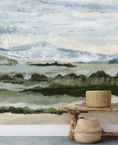 mural abstracto personalizado azul y verde llamado Among the Hedges de Lara Eckerman para comedores y salas de estar