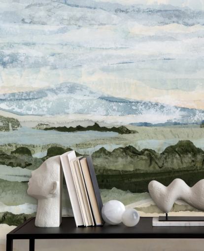 blue and green custom abstract mural called Among the Hedges by Lara Eckerman for dining rooms and living rooms