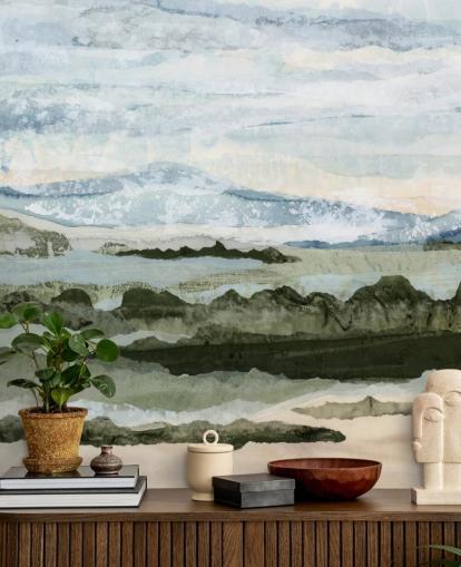 murale astratto personalizzato blu e verde chiamato Among the Hedges di Lara Eckerman per sale da pranzo e salotti murale astratto personalizzato blu e verde chiamato Among the Hedges di Lara Eckerman per sale da pranzo e salotti