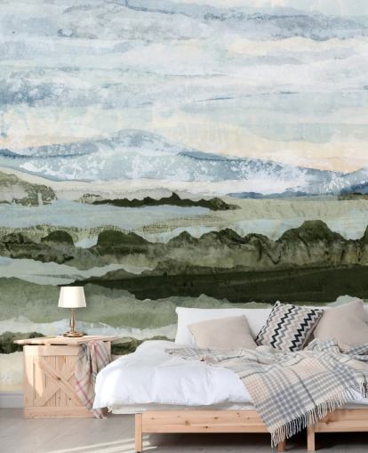 blue and green custom abstract mural called Among the Hedges by Lara Eckerman for dining rooms and living rooms