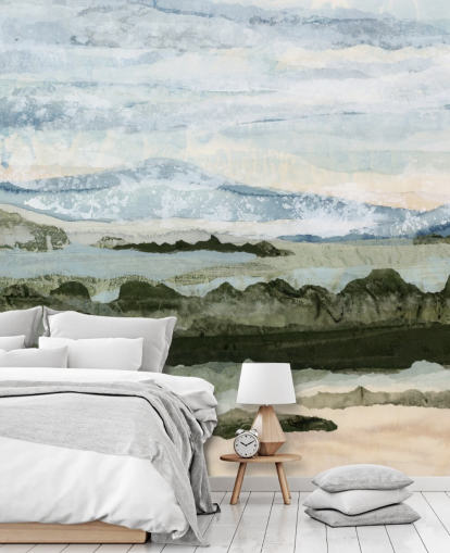 blauwe en groene abstracte muurschildering op maat genaamd Among the Hedges van Lara Eckerman voor eetkamers en woonkamers blauwe en groene abstracte muurschildering op maat genaamd Among the Hedges van Lara Eckerman voor eetkamers en woonkamers