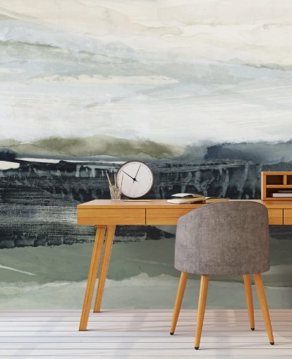 black and grey abstract forest wall mural called Dark Forest I by Lara Eckerman